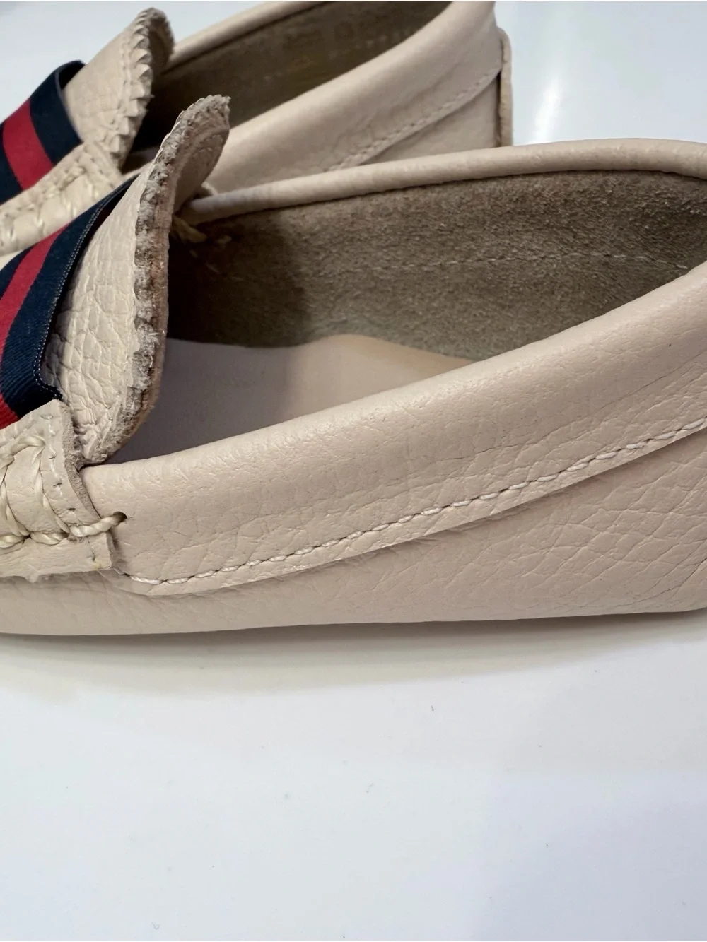Elephantito Cream Moccasins with Navy & Red Stripe